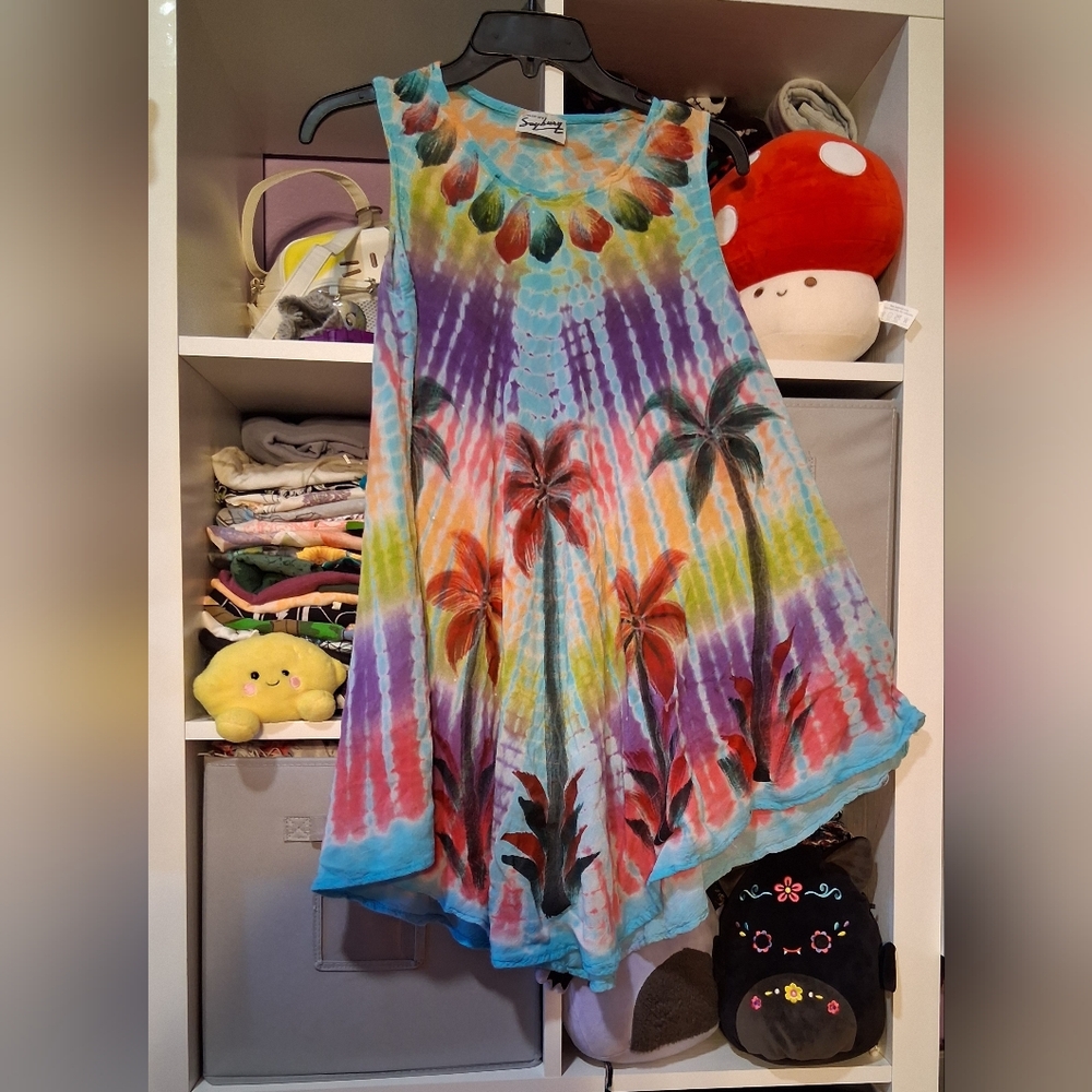 Boho Tie-Dye Palm Print Swing Dress - Multicolor